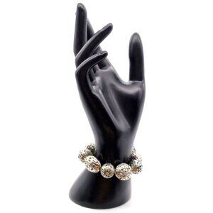 Vintage Filigree Beaded Bracelet, Silver Tone Bangle on Stretch Band